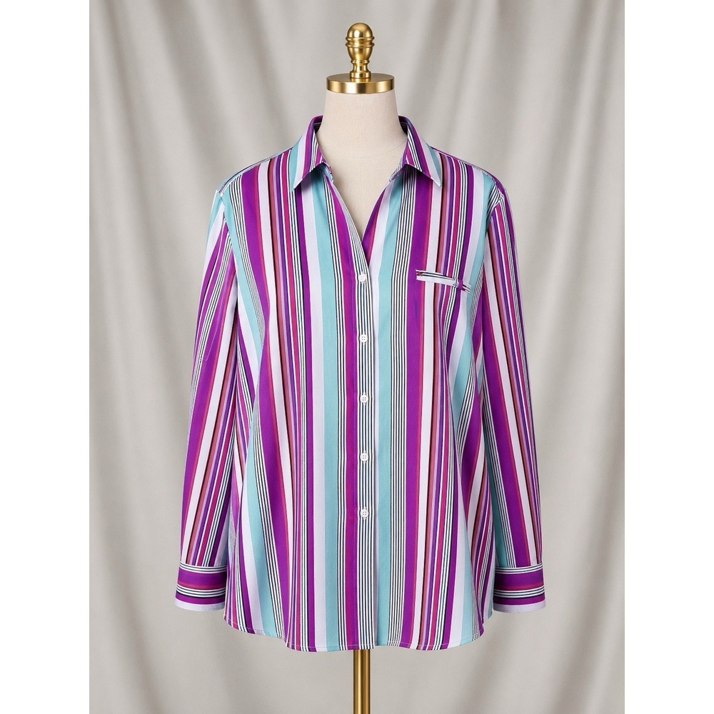 Foxcroft UPF 50+ Protection Sun Shirt Roll-tab Slve Button Up Stripe 22W Relaxed